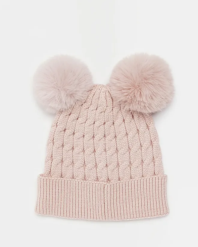 River Island Girls Double Pom Pom Beanie hat Pink New