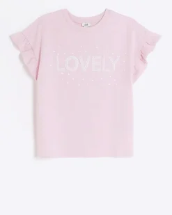 River Island Girls graphic frill sleeve t-shirt Pink Outlet