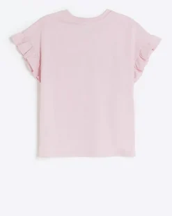 River Island Girls graphic frill sleeve t-shirt Pink Outlet