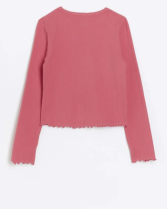 River Island Girls long sleeve lettuce hem rib top Pink Discount