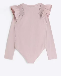 River Island Girls Long Sleeve Rib Frill Bodysuit Pink Online