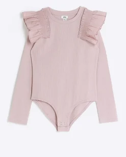 River Island Girls Long Sleeve Rib Frill Bodysuit Pink Online
