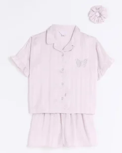 River Island Girls satin stripe short pyjama set Pink New