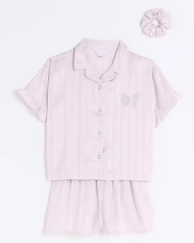 River Island Girls satin stripe short pyjama set Pink New