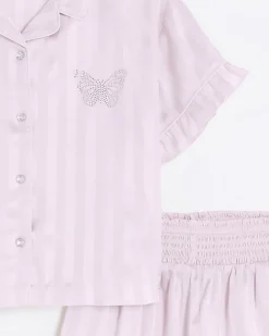 River Island Girls satin stripe short pyjama set Pink New