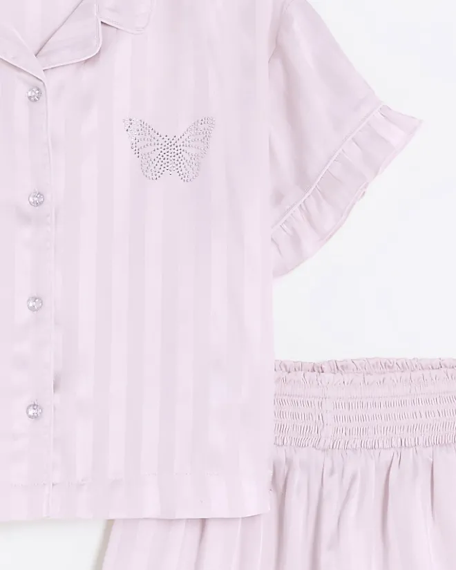River Island Girls satin stripe short pyjama set Pink New