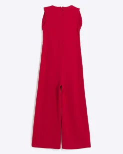 River Island Girls bow wide leg jumpsuit Red Clearance