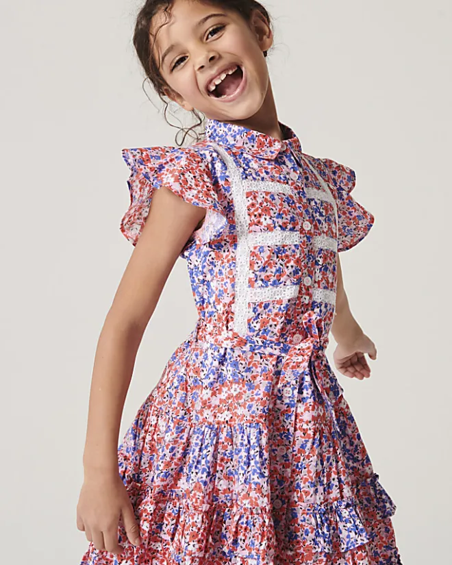 River Island Girls floral belted shirt dress Red Fashion