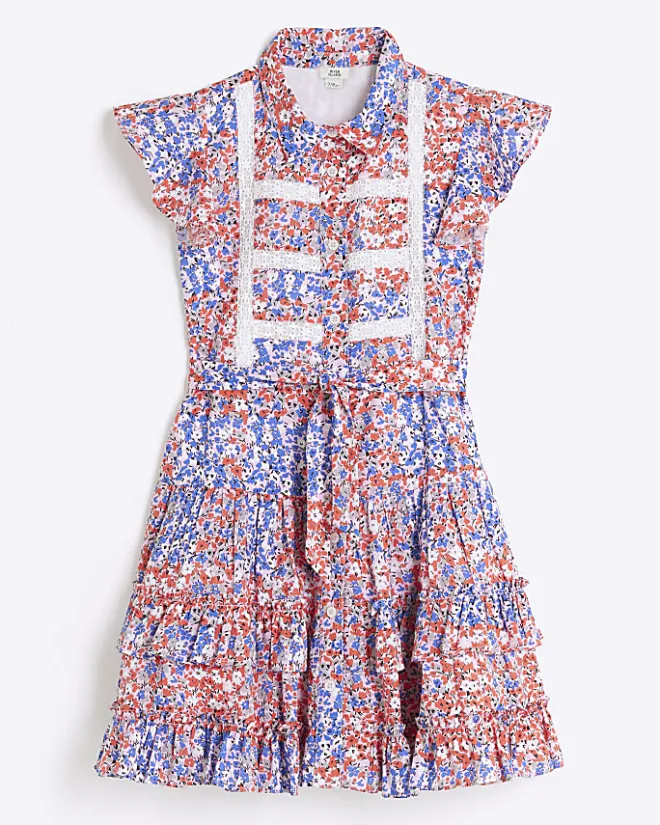 River Island Girls floral belted shirt dress Red Fashion