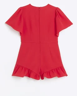 River Island Girls short sleeve belted playsuit Red Online