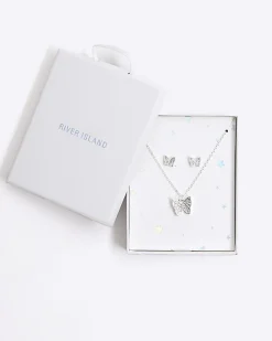 River Island Girls silver butterfly necklace and earrings Blue Fashion