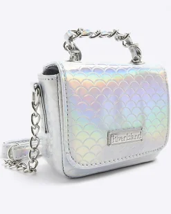 River Island Girls silver iridescent chain cross body bag Grey New