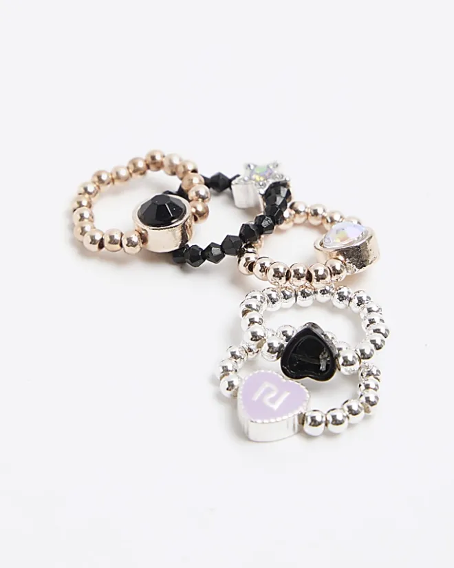 River Island Girls silver stretch heart rings 5 pack White New