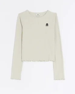 River Island Girls stone long sleeve rib lettuce hem top Cream Sale
