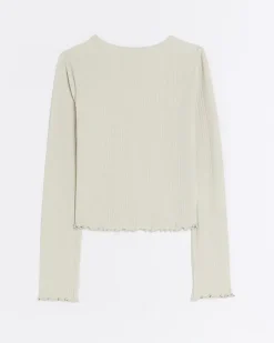 River Island Girls stone long sleeve rib lettuce hem top Cream Sale