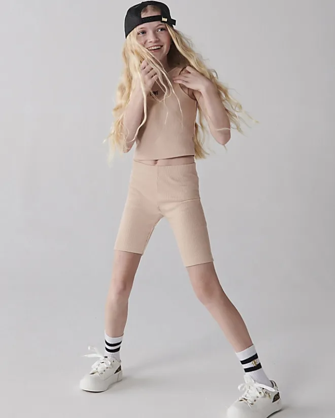 River Island Girls stone rib double strap tank top set Cream Clearance