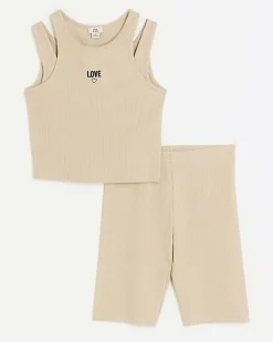 River Island Girls stone rib double strap tank top set Cream Clearance