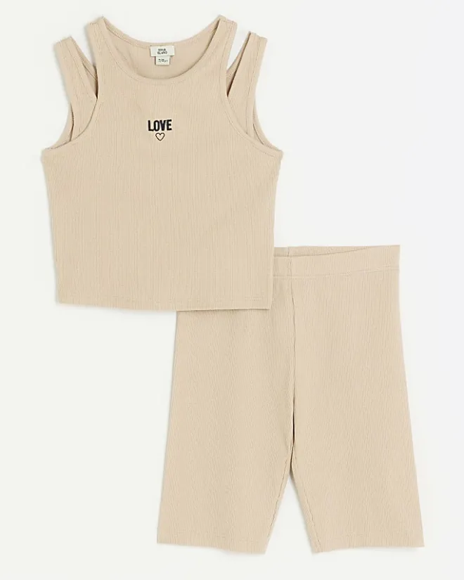 River Island Girls stone rib double strap tank top set Cream Clearance
