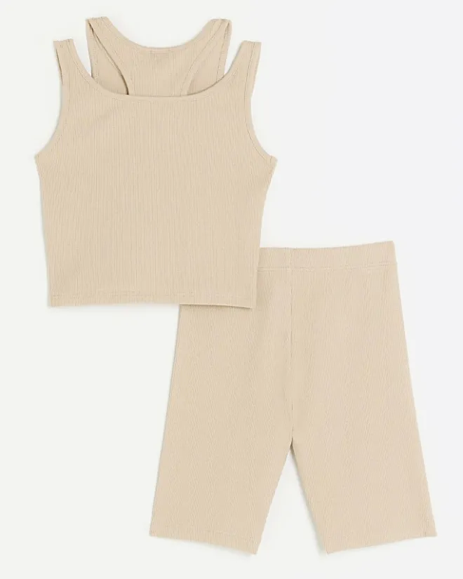 River Island Girls stone rib double strap tank top set Cream Clearance