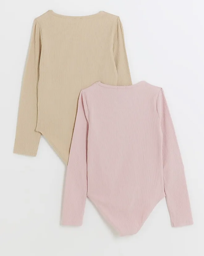 River Island Girls stone rib scoop bodysuit 2 pack Cream New