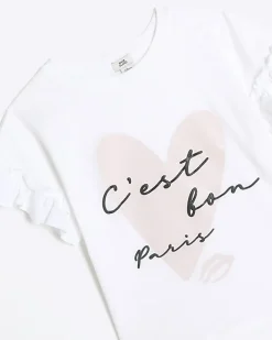 River Island Girls glitter heart t-shirt White Clearance