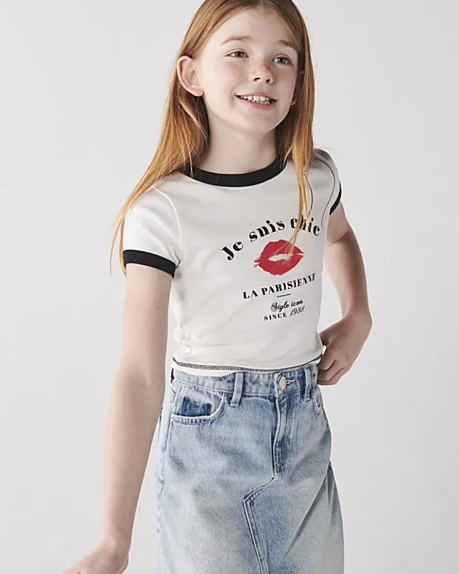 River Island Girls lips graphic crop t-shirt White Fashion