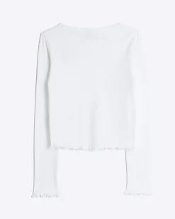 River Island Girls rib lettuce hem long sleeve top White Outlet