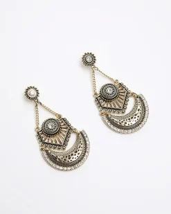 River Island Gold Antique Ethnic Drop Earrings Yellow Sale