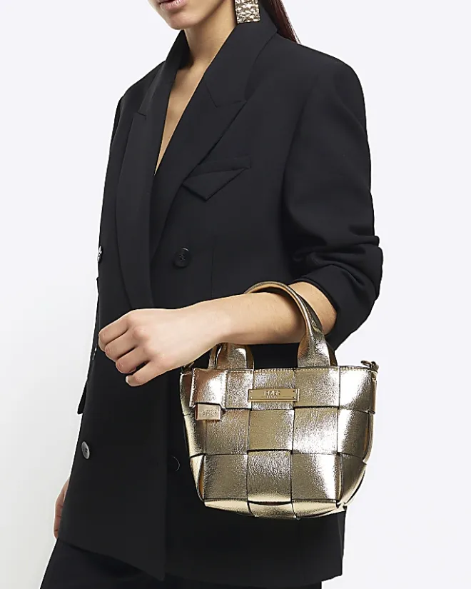 River Island Gold chunky weave small tote bag Yellow Best