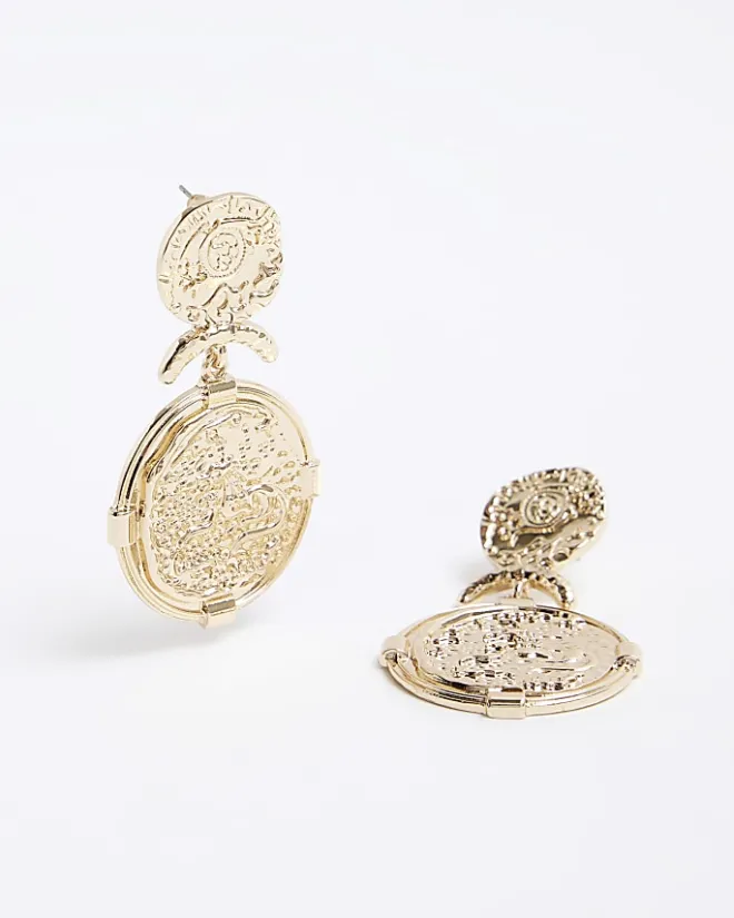 River Island Gold Coin Drop Earrings Yellow Outlet