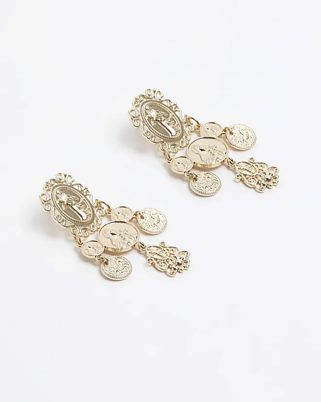 River Island Gold Coin Drop Earrings Yellow Best