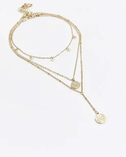 River Island Gold Coin Multirow Necklace Yellow Fashion
