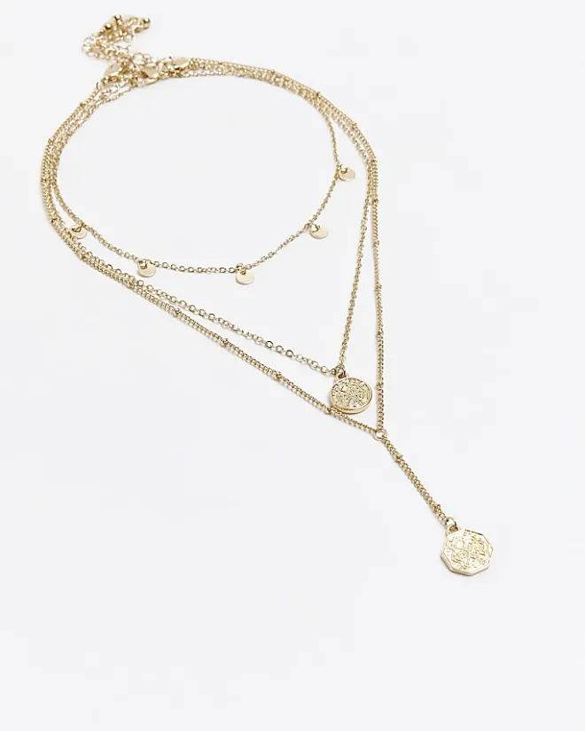 River Island Gold Coin Multirow Necklace Yellow Fashion