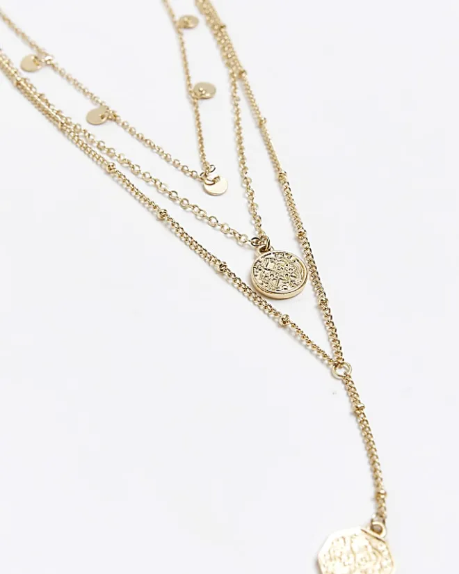 River Island Gold Coin Multirow Necklace Yellow Fashion
