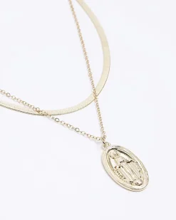 River Island Gold Coin Multirow Necklace Yellow Fashion