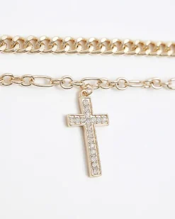 River Island Gold Cross Multirow Choker Necklace Yellow New