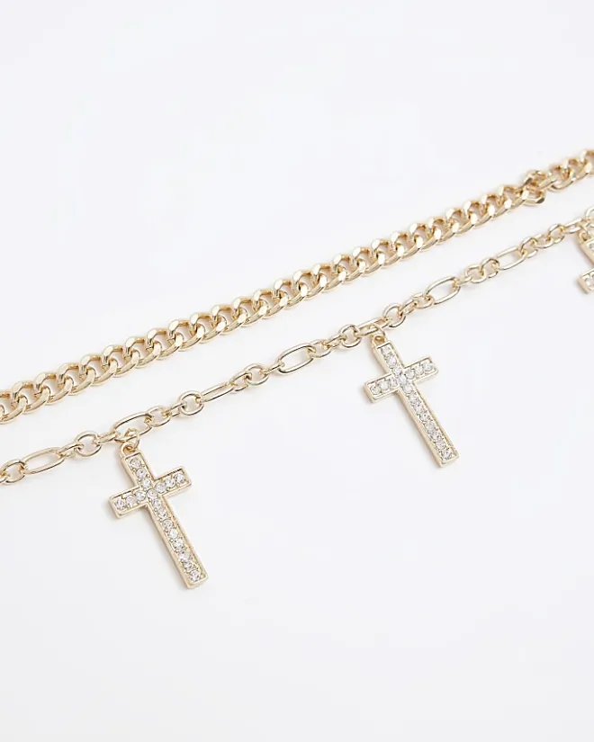River Island Gold Cross Multirow Choker Necklace Yellow New
