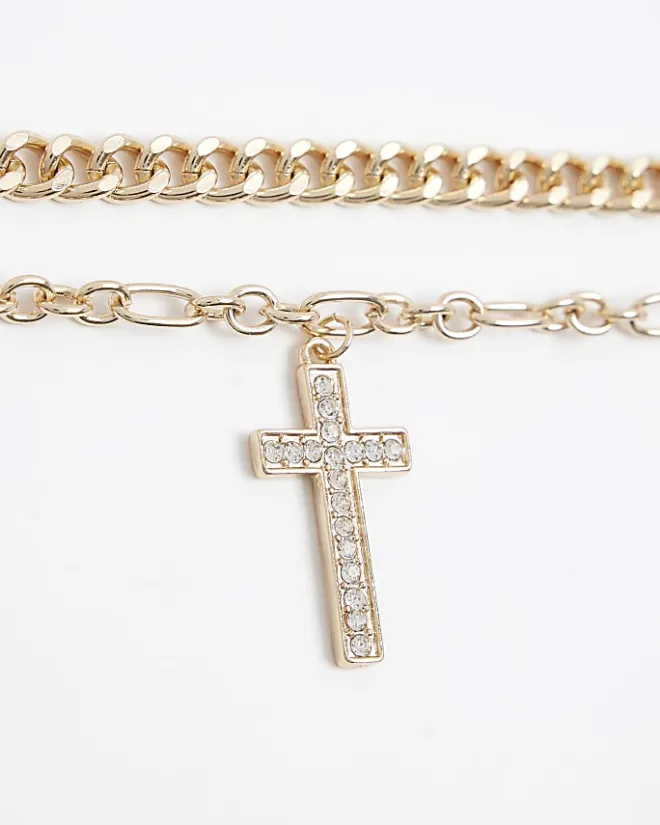 River Island Gold Cross Multirow Choker Necklace Yellow New