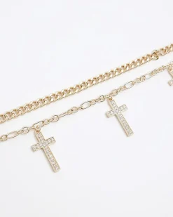 River Island Gold Cross Multirow Choker Necklace Yellow New