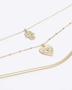 River Island Gold heart and hand multirow necklace Yellow Fashion