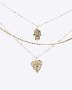 River Island Gold heart and hand multirow necklace Yellow Fashion
