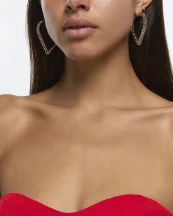 River Island Gold Heart Chain Hoop Earrings Yellow Discount