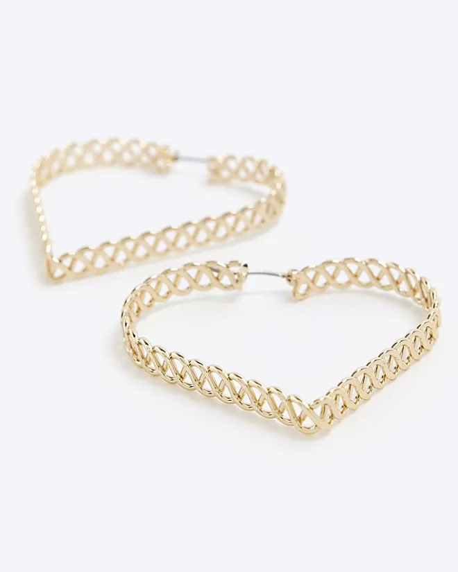 River Island Gold Heart Chain Hoop Earrings Yellow Discount