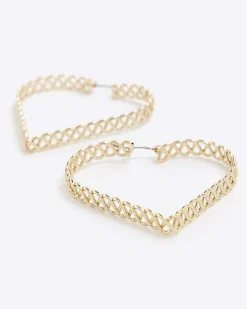 River Island Gold Heart Chain Hoop Earrings Yellow Discount