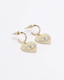 River Island Gold heart diamante eye hoop earrings Yellow Outlet