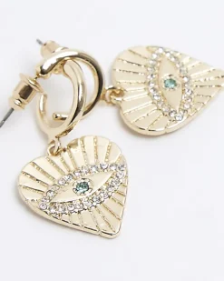 River Island Gold heart diamante eye hoop earrings Yellow Outlet
