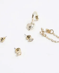 River Island Gold heart stud and drop earrings multipack Yellow Clearance
