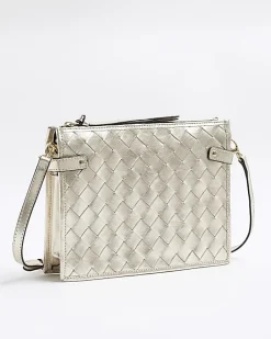 River Island Gold leather weave cross body bag Yellow New