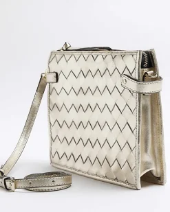 River Island Gold leather weave cross body bag Yellow New