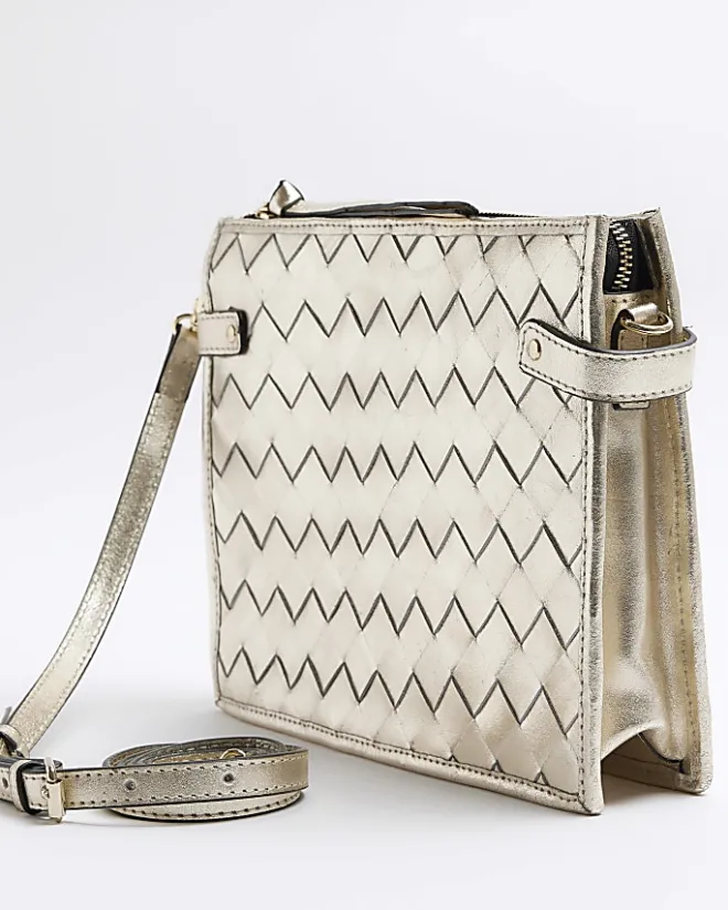 River Island Gold leather weave cross body bag Yellow New